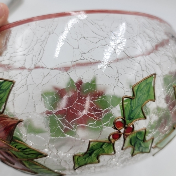 Celebration Pointsettia Mouthblown, Hand Painted, Cracked Glass 9" Salad Bowl - Picture 12 of 13